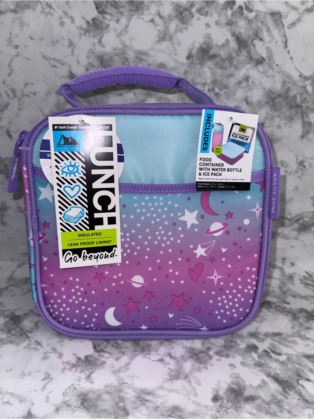 Kids Purple Space Lunch Bag with food container, ice pack and water bottle